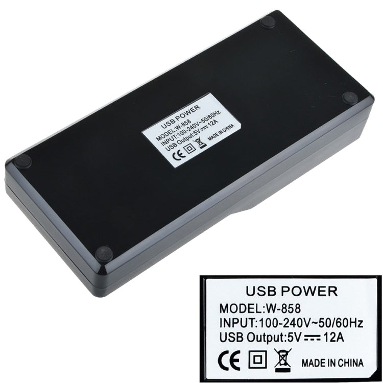 W-858 12A 12 Ports USB Fast Charging Dock Desktop Smart Charger AC100-240V, US Plug (Black)