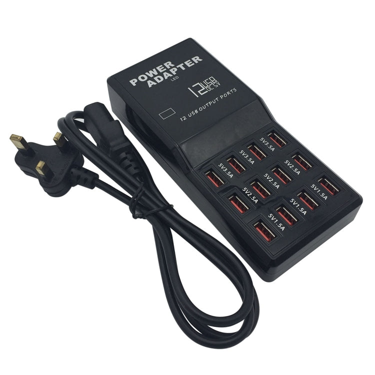 W-858 12A 12 Ports USB Fast Charging Dock Desktop Smart Charger AC100-240V, UK Plug (Black)