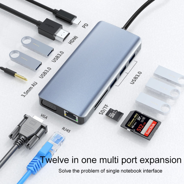 12 in 1 RJ45 + 100W PD + SD/TF + USB3.0x5+ HDMI + VGA + 3.5mm AUX to Type-C HUB Adapter - USB HUB by PMC Jewellery | Online Shopping South Africa | PMC Jewellery | Buy Now Pay Later Mobicred