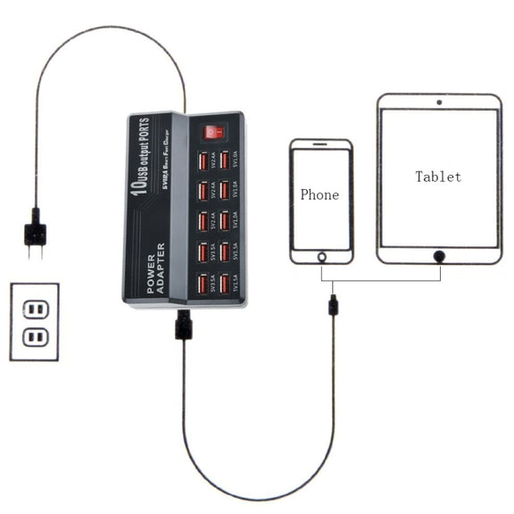 W-838 60W 10 Ports USB Fast Charging Dock Desktop Smart Charger AC100-240V, US Plug (Black)