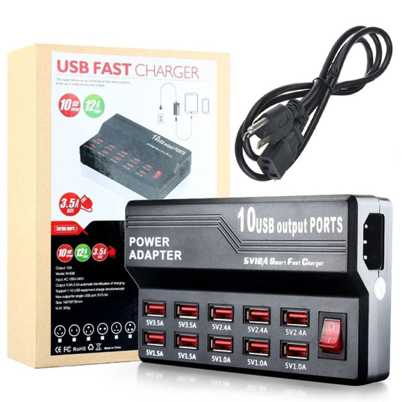 W-838 60W 10 Ports USB Fast Charging Dock Desktop Smart Charger AC100-240V, US Plug (Black)