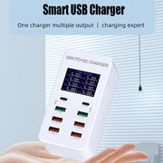 A8T 60W 8 Ports USB + QC3.0 + PD Type-C Smart Charging Station with Digital Display AC100-240V, US Plug