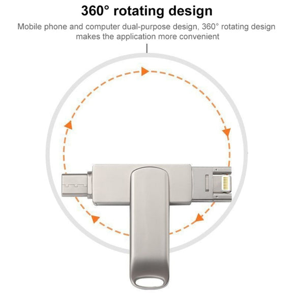 RQW-10X 3 in 1 USB 2.0 & 8 Pin & USB-C / Type-C 128GB Flash Drive, for iPhone & iPad & iPod & Most Android Smartphones & PC Computer