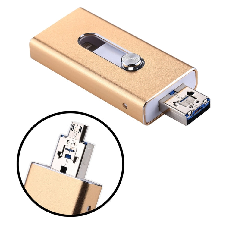 RQW-02  3 in 1 USB 2.0 & 8 Pin & Micro USB 16GB Flash Drive(Gold)