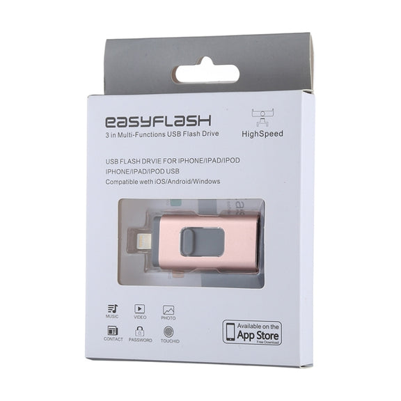 easyflash RQW-01B 3 in 1 USB 2.0 & 8 Pin & Micro USB 128GB Flash Drive(Rose Gold)