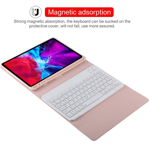 TG11B Detachable Bluetooth White Keyboard + Microfiber Leather Tablet Case for iPad Pro 11 inch (2020), with Pen Slot & Holder (Pink)