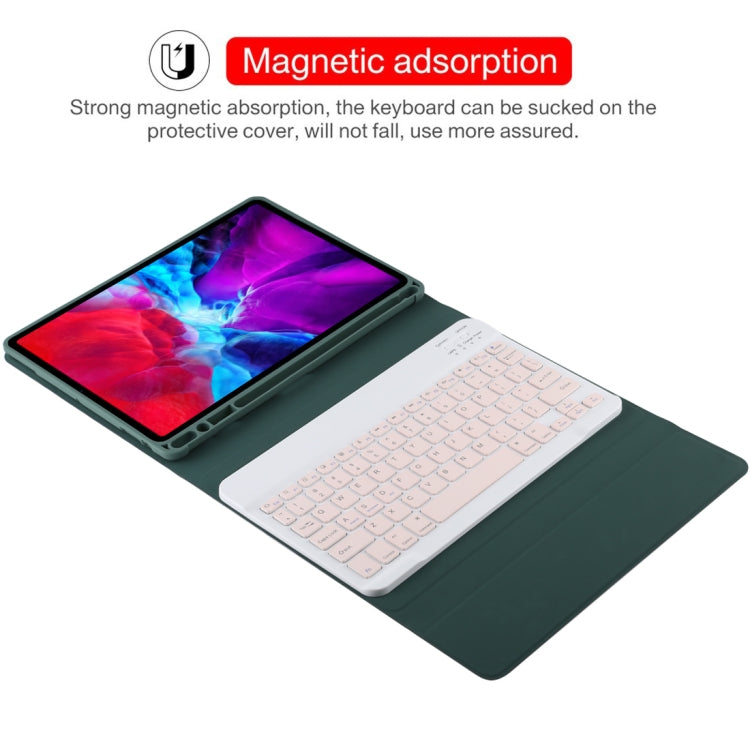 TG11B Detachable Bluetooth Pink Keyboard + Microfiber Leather Tablet Case for iPad Pro 11 inch (2020), with Pen Slot & Holder (Dark Green)