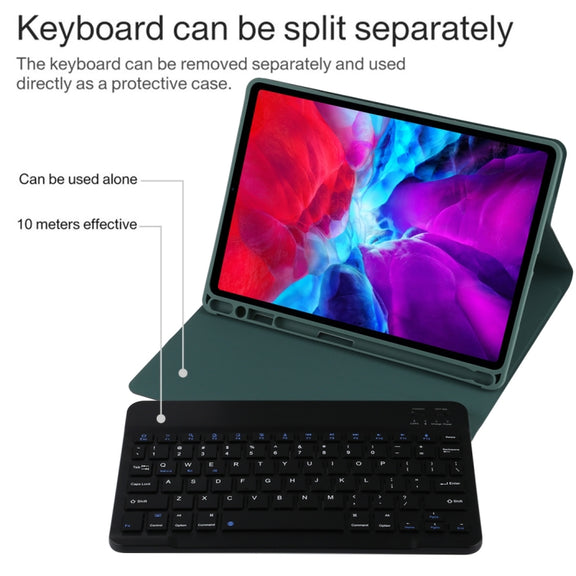 TG11B Detachable Bluetooth Black Keyboard + Microfiber Leather Tablet Case for iPad Pro 11 inch (2020), with Pen Slot & Holder (Dark Green)