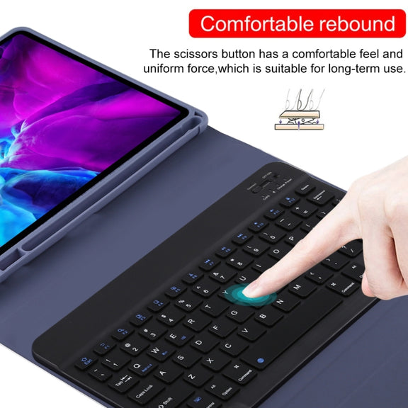 TG11B Detachable Bluetooth Black Keyboard + Microfiber Leather Tablet Case for iPad Pro 11 inch (2020), with Pen Slot & Holder (Purple)