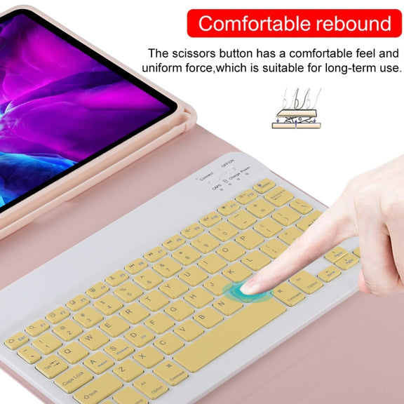 TG11B Detachable Bluetooth Yellow Keyboard + Microfiber Leather Tablet Case for iPad Pro 11 inch (2020), with Pen Slot & Holder (Pink)