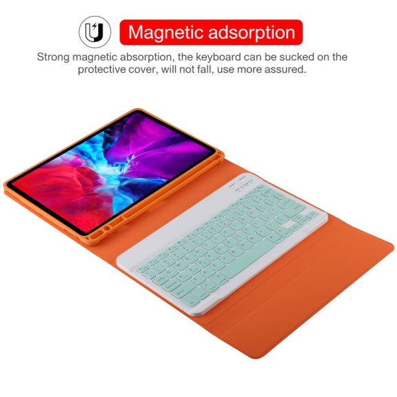 TG11B Detachable Bluetooth Green Keyboard + Microfiber Leather Tablet Case for iPad Pro 11 inch (2020), with Pen Slot & Holder (Orange)