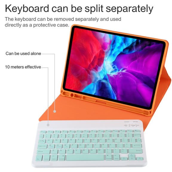 TG11B Detachable Bluetooth Green Keyboard + Microfiber Leather Tablet Case for iPad Pro 11 inch (2020), with Pen Slot & Holder (Orange)
