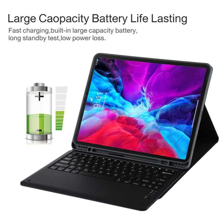 T129 Detachable Bluetooth Black Keyboard Microfiber Leather Tablet Case for iPad Pro 12.9 inch (2020), with Holder (Purple)