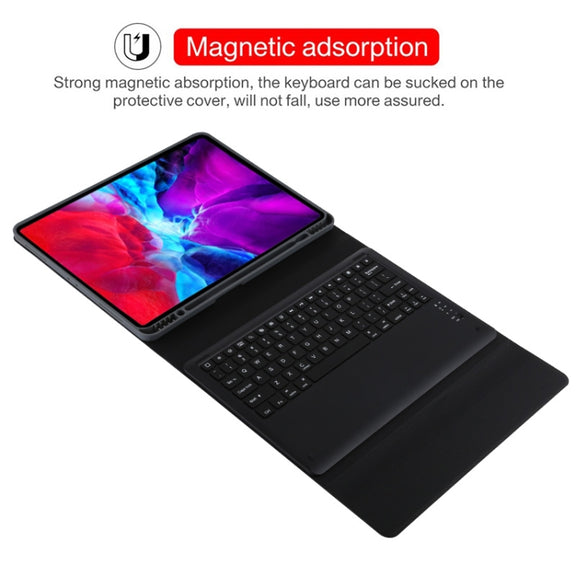T129 Detachable Bluetooth Black Keyboard Microfiber Leather Tablet Case for iPad Pro 12.9 inch (2020), with Holder (Purple)