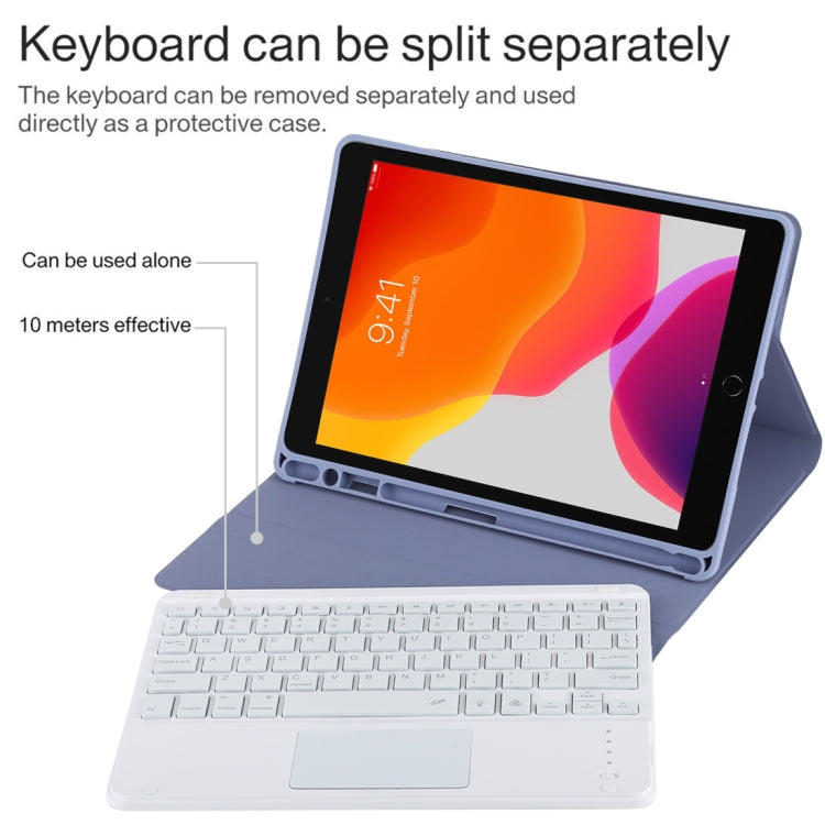 TG-102BCS Detachable Bluetooth White Keyboard + Microfiber Leather Tablet Case for iPad 10.2 inch / iPad Air (2019), with Touch Pad & Backlight & Pen Slot & Holder (Purple) - For iPad Air by PMC TechLife | Online Shopping South Africa | PMC TechLife