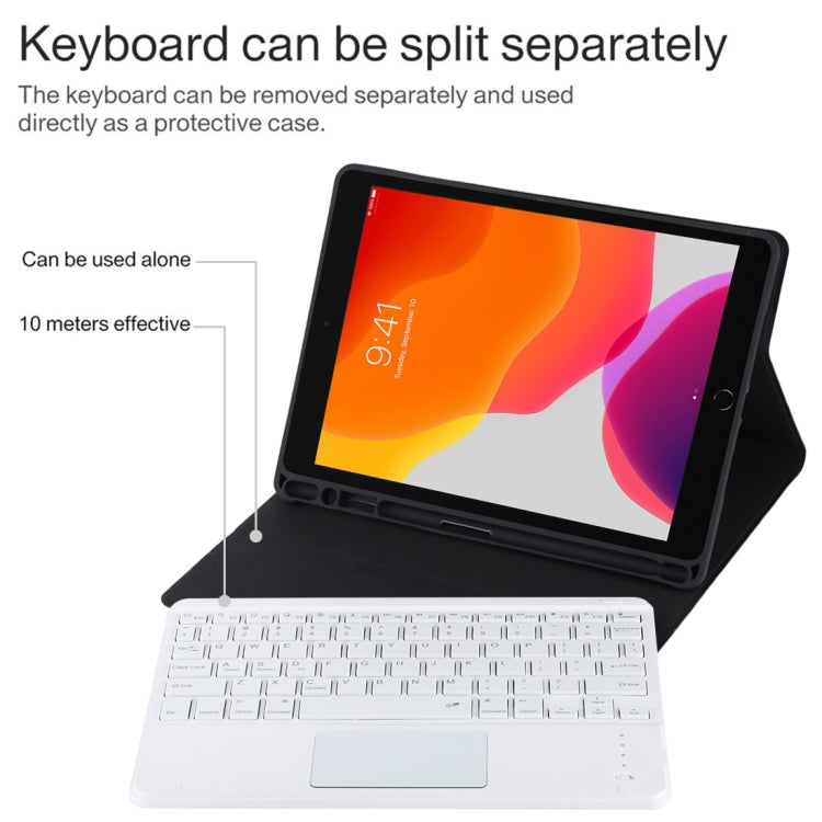 TG-102BC Detachable Bluetooth White Keyboard + Microfiber Leather Tablet Case for iPad 10.2 inch / iPad Air (2019), with Touch Pad & Pen Slot & Holder(Black) - free shipping - PMC TechLife - Order now!