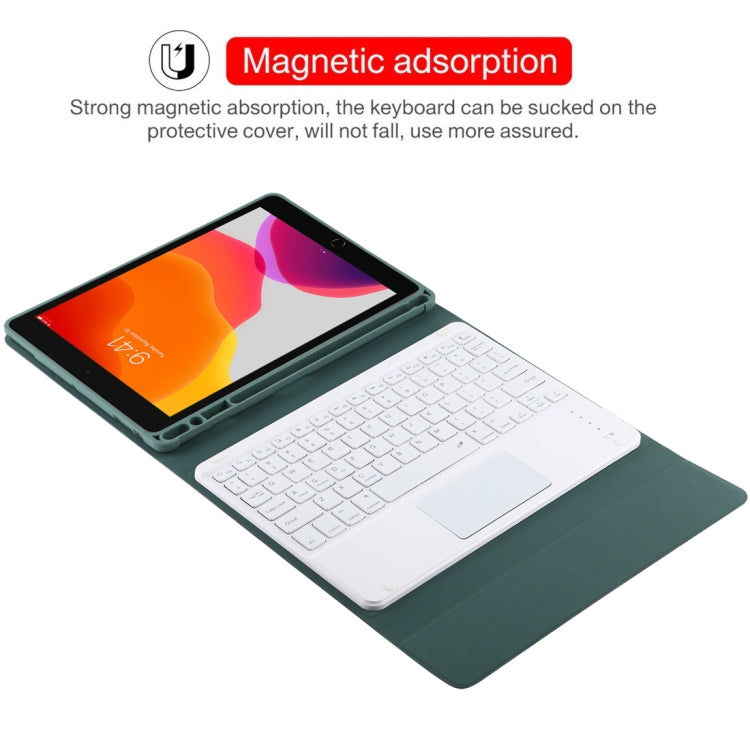 TG-102BC Detachable Bluetooth White Keyboard + Microfiber Leather Tablet Case for iPad 10.2 inch / iPad Air (2019), with Touch Pad & Pen Slot & Holder(Dark Green)