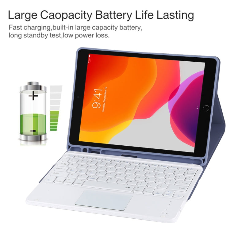TG-102BC Detachable Bluetooth White Keyboard + Microfiber Leather Tablet Case for iPad 10.2 inch / iPad Air (2019), with Touch Pad & Pen Slot & Holder(Purple) - free shipping - PMC TechLife - Order now!