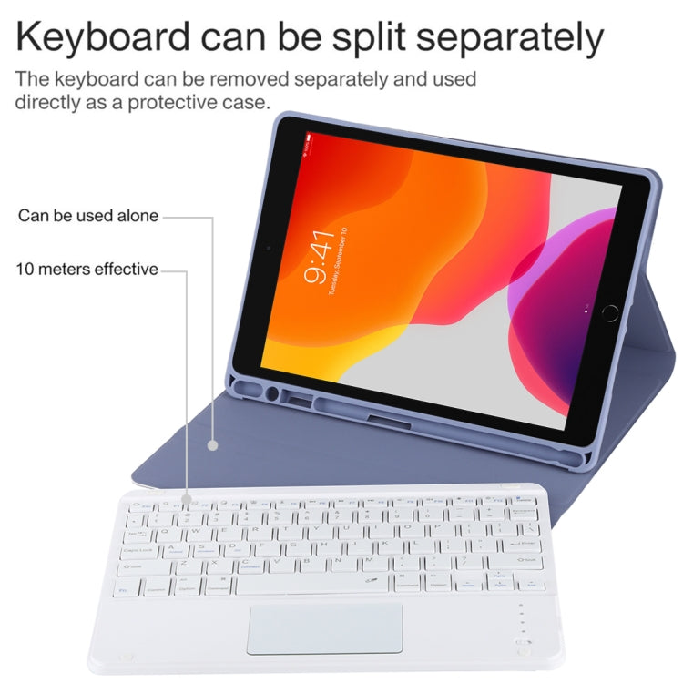 TG-102BC Detachable Bluetooth White Keyboard + Microfiber Leather Tablet Case for iPad 10.2 inch / iPad Air (2019), with Touch Pad & Pen Slot & Holder(Purple) - free shipping - PMC TechLife - Order now!