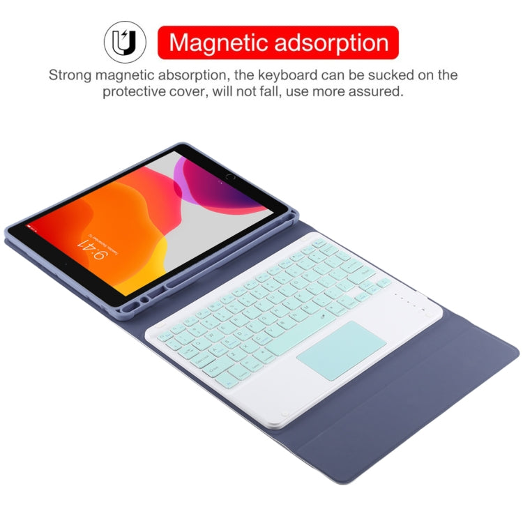 TG-102BC Detachable Bluetooth Green Keyboard + Microfiber Leather Tablet Case for iPad 10.2 inch / iPad Air (2019), with Touch Pad & Pen Slot & Holder (Purple)