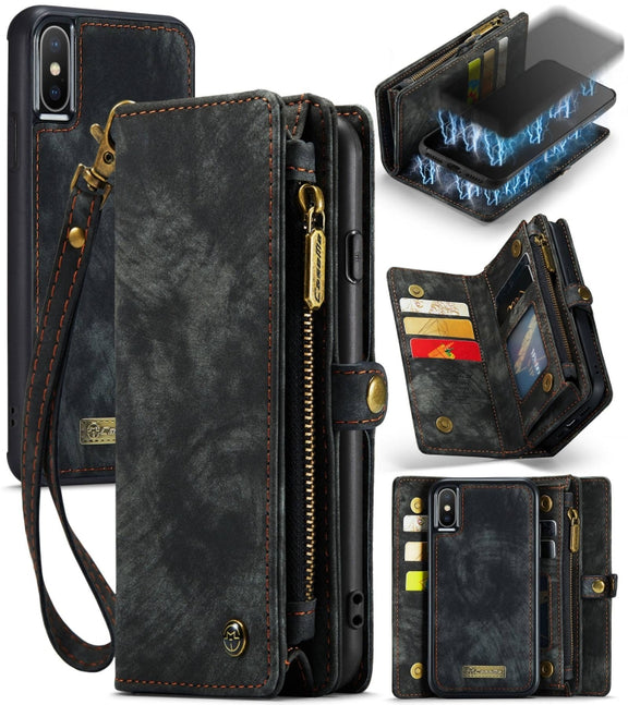 For iPhone X / XS CaseMe-008 TPU + PC Magnetic Absorption Detachable Back Cover Horizontal Flip Leather Case with Holder & Card Slots & Zipper Wallet & Photo Frame(Black)