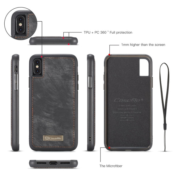For iPhone X / XS CaseMe-008 TPU + PC Magnetic Absorption Detachable Back Cover Horizontal Flip Leather Case with Holder & Card Slots & Zipper Wallet & Photo Frame(Black)