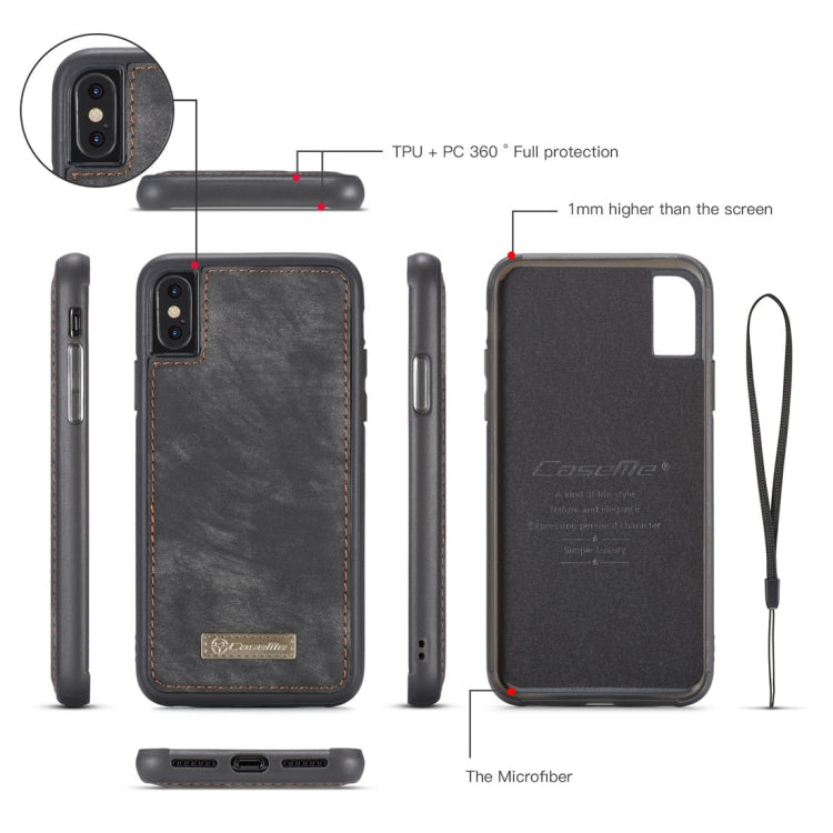 For iPhone X / XS CaseMe-008 TPU + PC Magnetic Absorption Detachable Back Cover Horizontal Flip Leather Case with Holder & Card Slots & Zipper Wallet & Photo Frame(Black)