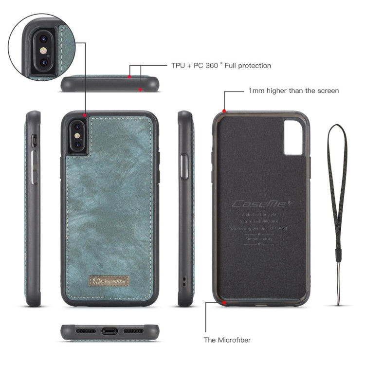 For iPhone X / XS CaseMe-008 TPU + PC Magnetic Absorption Detachable Back Cover Horizontal Flip Leather Case with Holder & Card Slots & Zipper Wallet & Photo Frame(Blue)