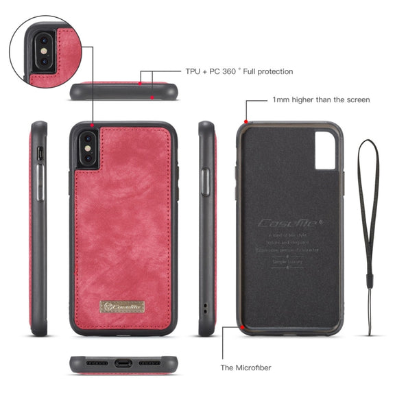For iPhone X / XS CaseMe-008 TPU + PC Magnetic Absorption Detachable Back Cover Horizontal Flip Leather Case with Holder & Card Slots & Zipper Wallet & Photo Frame(Red)