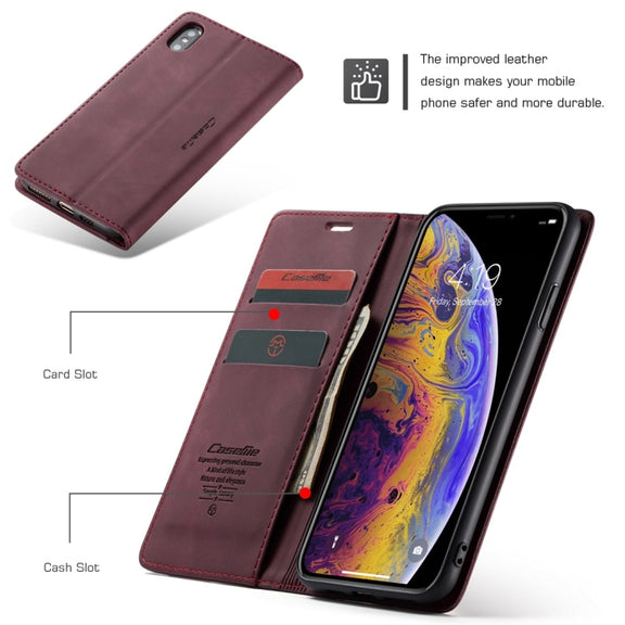 For iPhone XS Max CaseMe-013 Multifunctional Retro Frosted Horizontal Flip Leather Case with Card Slot & Holder & Wallet(Wine Red)