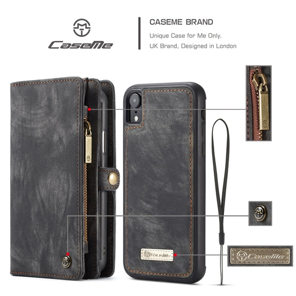 For iPhone XR CaseMe Detachable Multifunctional Horizontal Flip Leather Case with Card Slot & Holder & Zipper Wallet & Photo Frame (Black)