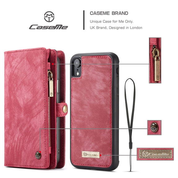 For iPhone XR CaseMe Detachable Multifunctional Horizontal Flip Leather Case with Card Slot & Holder & Zipper Wallet & Photo Frame (Red)