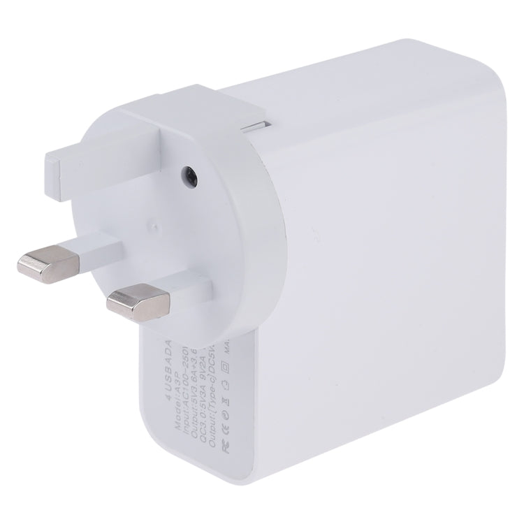 A3P 3A Max Output USB-C / Type-C + QC3.0 + Dual USB 4 Ports Wall Travel Charger, UK Plug