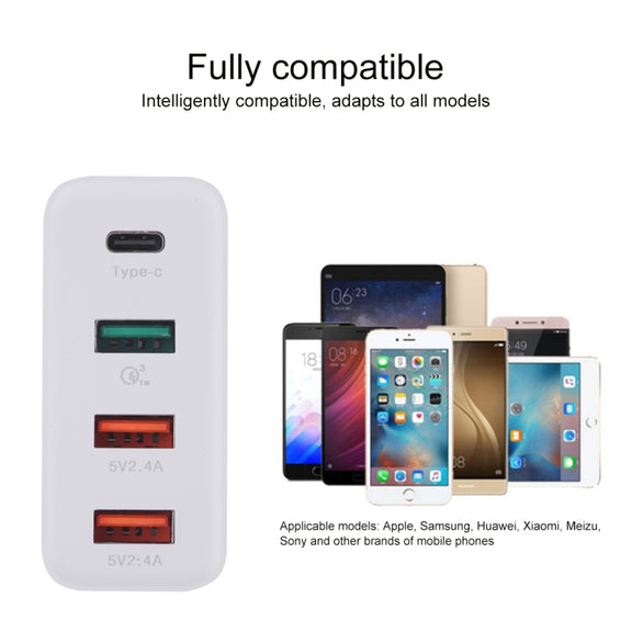A3P 3A Max Output USB-C / Type-C + QC3.0 + Dual USB 4 Ports Wall Travel Charger, UK Plug