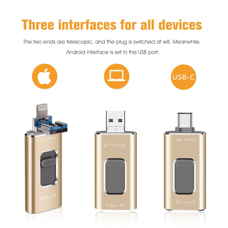 Richwell 3 in 1 16G Type-C + 8 Pin + USB 3.0 Metal Push-pull Flash Disk with OTG Function(Gold)