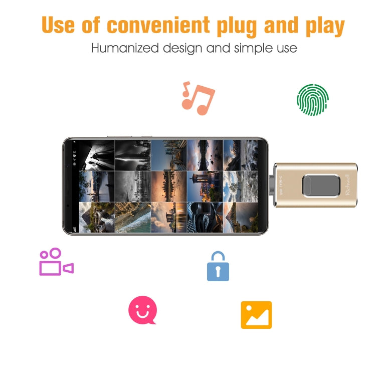 Richwell 3 in 1 32G Type-C + 8 Pin + USB 3.0 Metal Push-pull Flash Disk with OTG Function(Rose Gold)