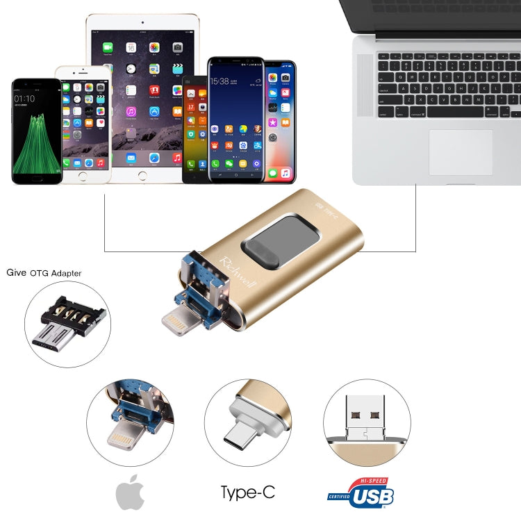 Richwell 3 in 1 64G Type-C + 8 Pin + USB 3.0 Metal Push-pull Flash Disk with OTG Function(Gold) - free shipping - PMC Jewellery - Order now!