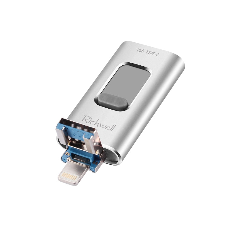 Richwell 3 in 1 64G Type-C + 8 Pin + USB 3.0 Metal Push-pull Flash Disk with OTG Function(Silver) - free shipping - PMC Jewellery - Order now!