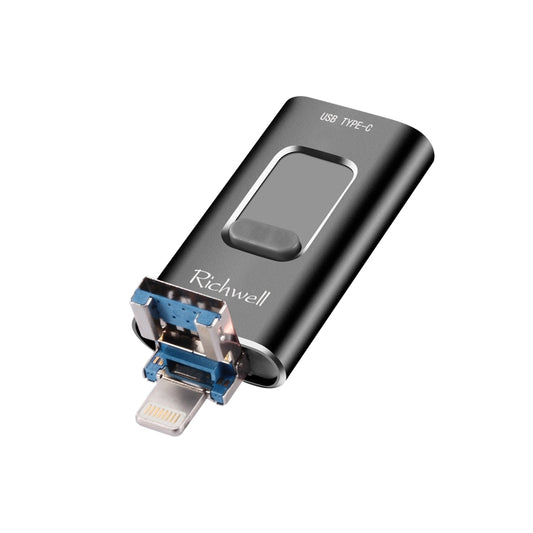 Richwell 3 in 1 128G Type-C + 8 Pin + USB 3.0 Metal Push-pull Flash Disk with OTG Function(Black) - free shipping - PMC Jewellery - Order now!