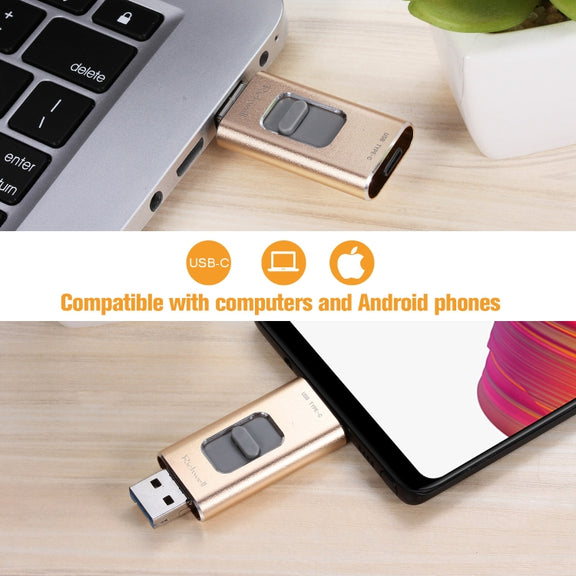 Richwell 3 in 1 128G Type-C + 8 Pin + USB 3.0 Metal Push-pull Flash Disk with OTG Function(Gold)