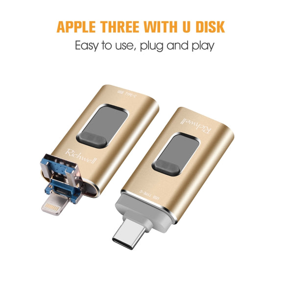 Richwell 3 in 1 128G Type-C + 8 Pin + USB 3.0 Metal Push-pull Flash Disk with OTG Function(Silver)