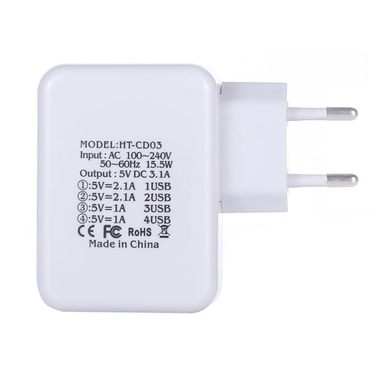 HT-CD03 15.5W 5V 3.1A 4-Port USB Wall Charger Travel Charger, EU Plug (White) - USB Charger by PMC Jewellery | Online Shopping South Africa | PMC Jewellery | Buy Now Pay Later Mobicred
