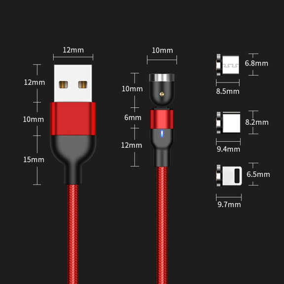 2m 2A Output 3 in 1 USB to 8 Pin + USB-C / Type-C + Micro USB Nylon Braided Rotate Magnetic Charging Cable (Black)