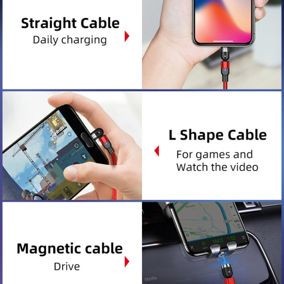 1m 2A Output 3 in 1 USB to 8 Pin + USB-C / Type-C + Micro USB Nylon Braided Rotate Magnetic Charging Cable (Red)