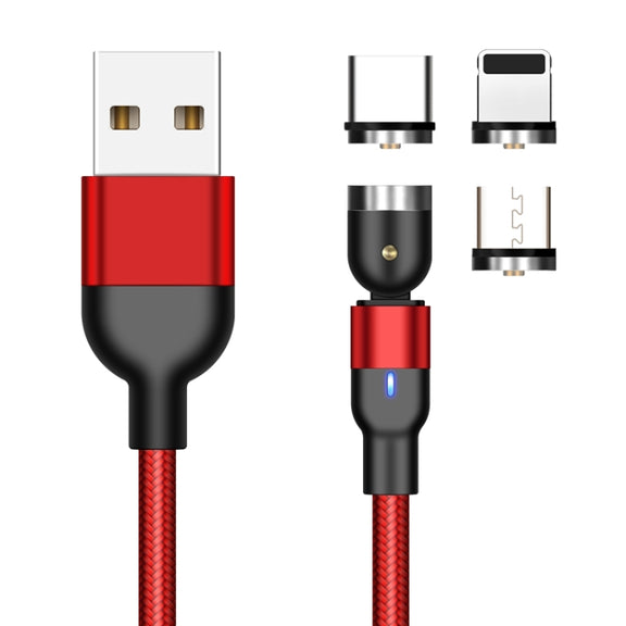 1m 2A Output 3 in 1 USB to 8 Pin + USB-C / Type-C + Micro USB Nylon Braided Rotate Magnetic Charging Cable (Red)
