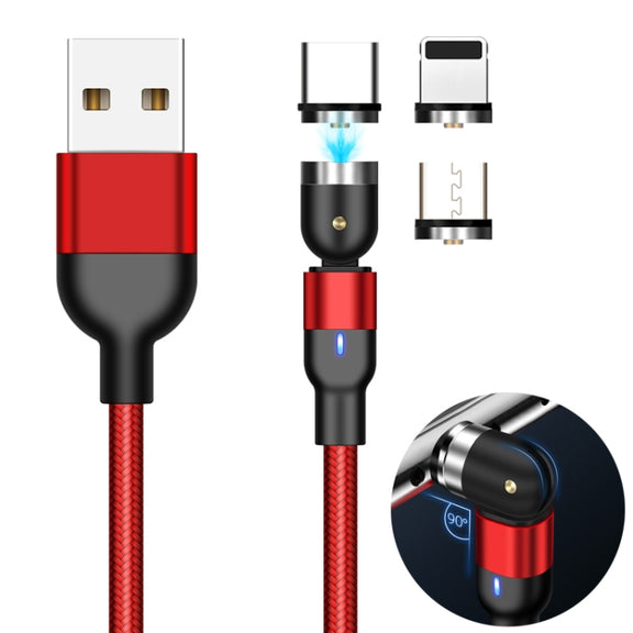 1m 2A Output 3 in 1 USB to 8 Pin + USB-C / Type-C + Micro USB Nylon Braided Rotate Magnetic Charging Cable (Red)