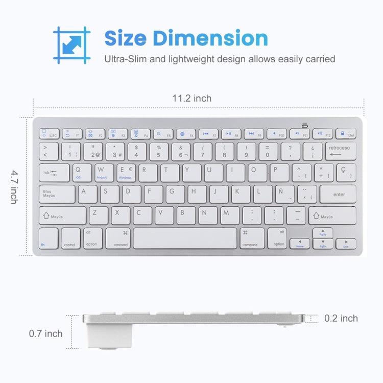 WB-8022 Ultra-thin Wireless Bluetooth Keyboard for iPad, Samsung, Huawei, Xiaomi, Tablet PCs or Smartphones, Spanish Keys(Silver)