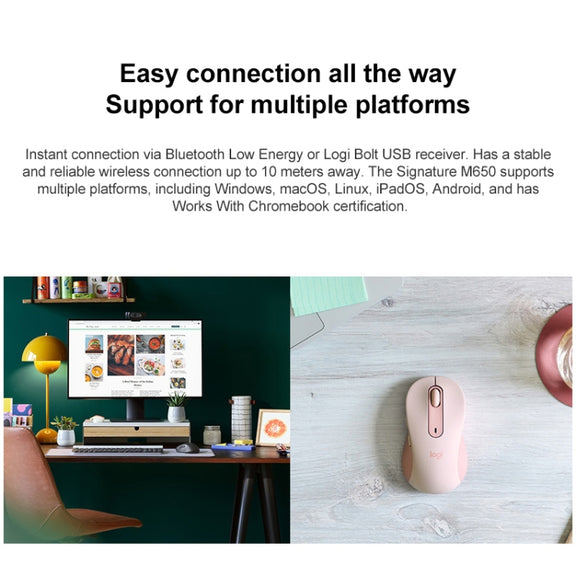 Logitech M650 5-keys 2000 DPI Wireless Bluetooth Silent Mouse (Pink)