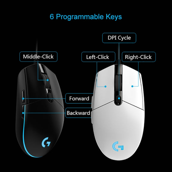 Logitech G102 6-keys RGB Glowing 6000DPI Five-speed Adjustable Wired Optical Gaming Mouse, Length: 2m (Black)