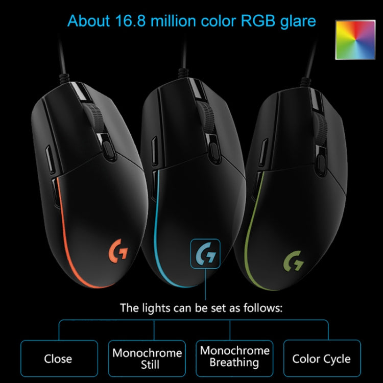Logitech G102 6-keys RGB Glowing 6000DPI Five-speed Adjustable Wired Optical Gaming Mouse, Length: 2m (Black)